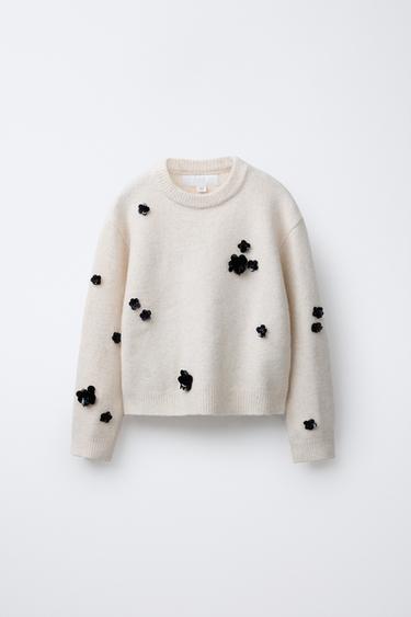 Zara Джемпер вязаный цветы и пайетки