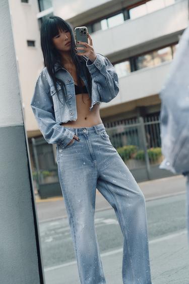 Zara Джинсы TRF прямого кроя стразы с высокой посадкой