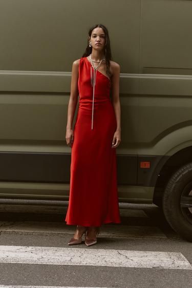 Zara Асимметричное атласное платье миди купить с доставкой.