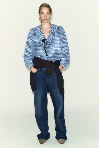Zara Блуза в клетку виши с воланами