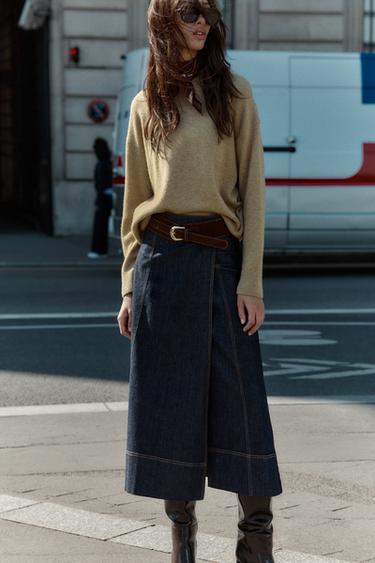 Zara Юбка-миди из денима с поясом и запахом Z1975 купить с доставкой.