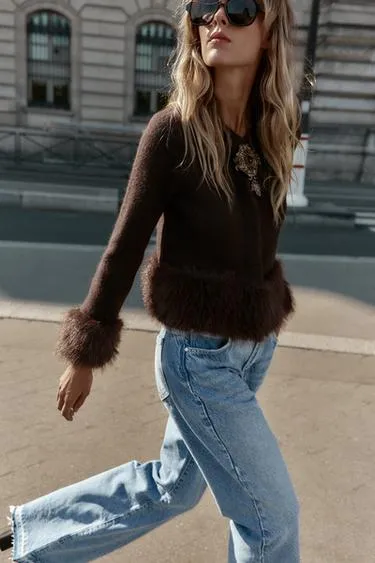 Кардиган с комбинированным искусственным мехом- Заказать в России