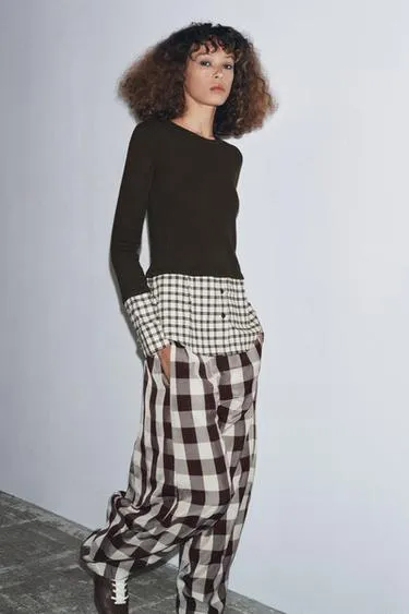 Комбинированная футболка в клетку- Заказать в России