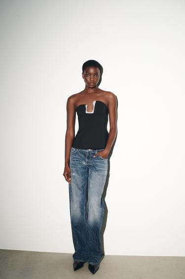 Zara Джинсы TRF WIDE LEG с низкой посадкой и стразами