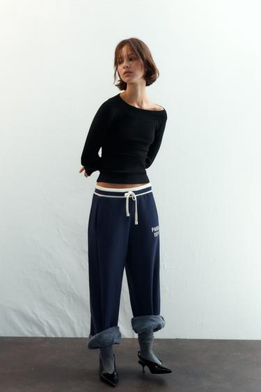 Zara Футболка в рубчик с вырезом «лодочка»