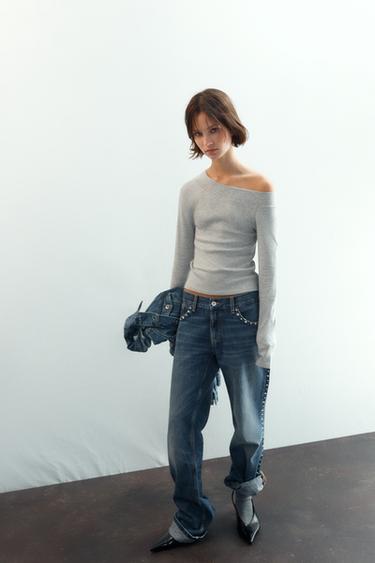 Zara Футболка в рубчик с вырезом «лодочка»