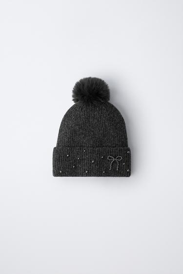 Zara Вязаная шапка с шерстью и помпоном, украшенная блестками