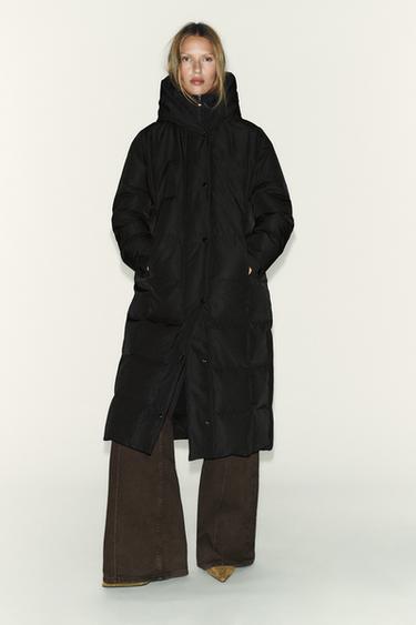 Zara Длинный пуховик с капюшоном WATER REPELLENT WINDPROOF