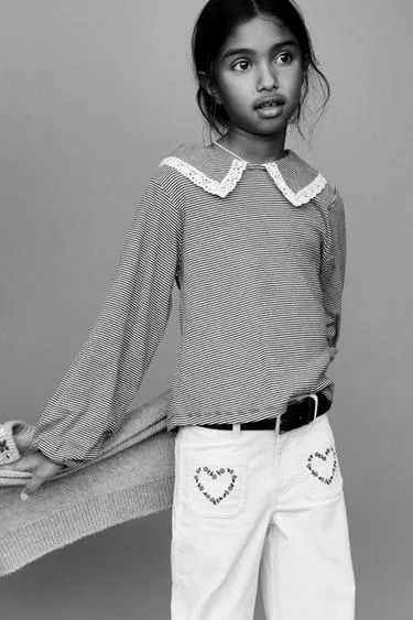 Топ в полоску с круглым воротником и кружевом- Заказать в России