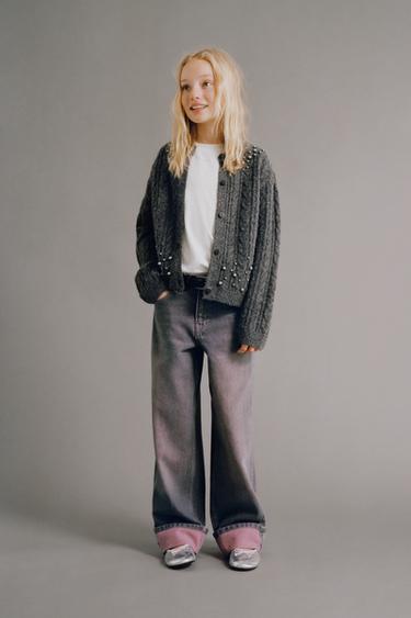 Zara Вязаный кардиган с жемчугом и узором «косы»