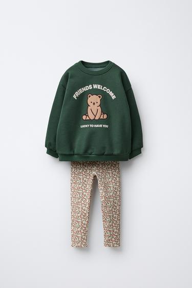 Zara BEAR SWEATSHIRT AND RIBBED FLORAL LEGGINGS SET