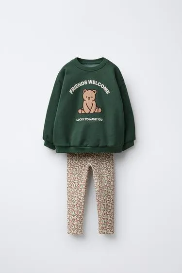 BEAR SWEATSHIRT AND RIBBED FLORAL LEGGINGS SET- Заказать в России