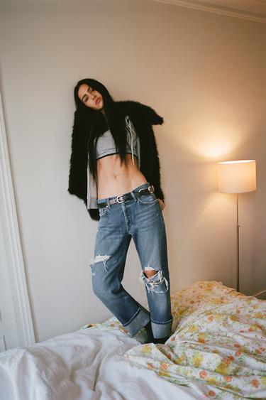 Zara Прямые джинсы TRF с дырами средней посадки