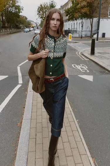 Жаккардовый трикотажный кардиган с короткими рукавами- Заказать в России