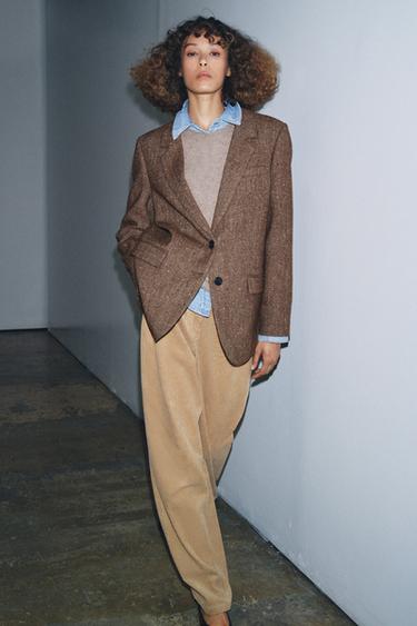 Zara Блейзер из смесового льна с узором в елочку — ZW COLLECTION