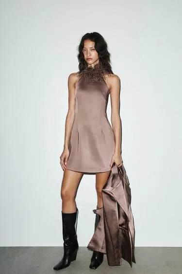 HALTER DRESS WITH FEATHERS- Заказать в России