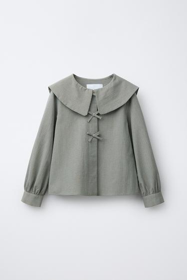 Zara Рубашка в клетку виши с круглым воротником