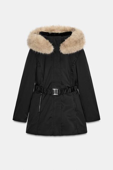 Zara Стеганая куртка с капюшоном с меховой отделкой, водо- и ветрозащитная купить с доставкой.