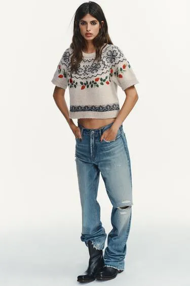 Джемпер с короткими рукавами и жаккардовой вышивкой- Заказать в России