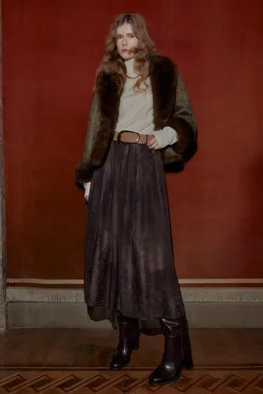 Юбка-миди с размытым принтом и поясом- Заказать в России