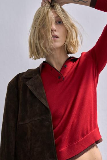 Zara Поло-свитер с контрастным вязаным узором