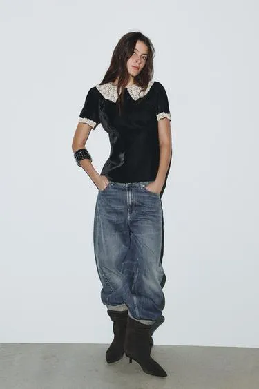 Бархатная рубашка с кружевом кроше и бантом- Заказать в России