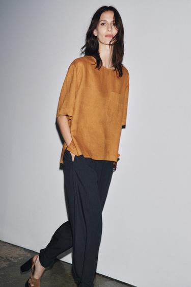 Zara Топ из льна с короткими рукавами ZW COLLECTION купить с доставкой.