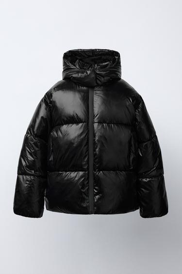 Zara SHINY HOODED PUFFER JACKET WITH FAUX FUR LINING