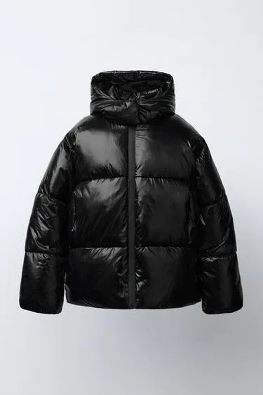 SHINY HOODED PUFFER JACKET WITH FAUX FUR LINING