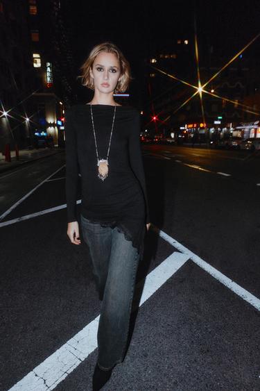 Zara Футболка с асимметричным низом и кружевом