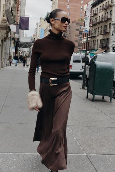 Zara Плиссированная юбка миди из искусственной замши с ремнем