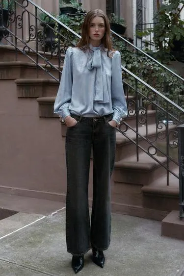 Рубашка с жатым воротником и бантом- Заказать в России