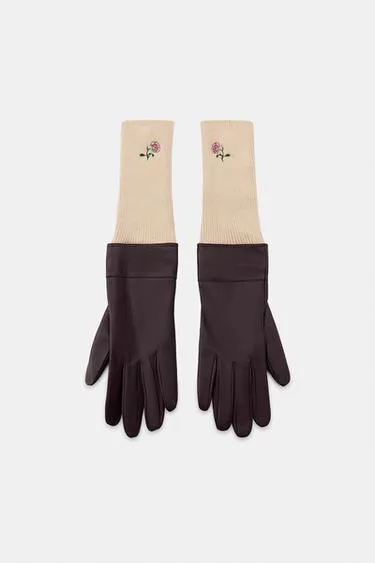 Кожаные перчатки с цветочной вышивкой- Заказать в России