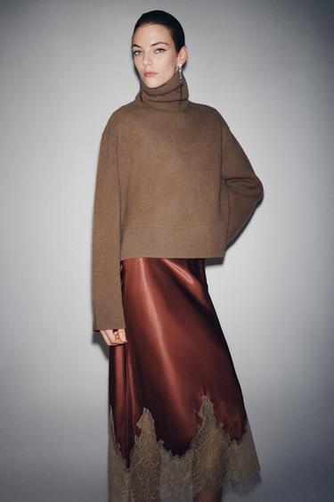 Zara Атласная юбка с контрастным кружевом ZW COLLECTION