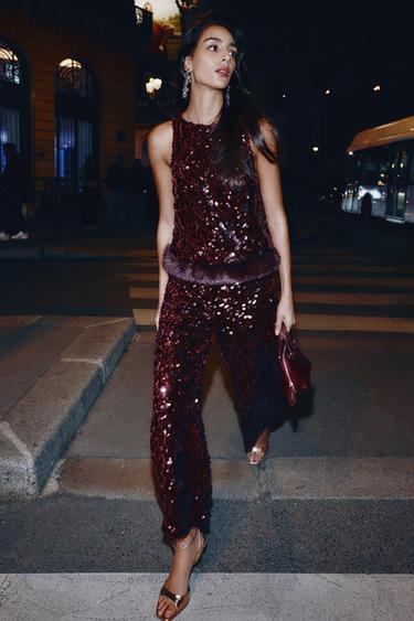 Zara Топ с пайетками и низом из искусственного меха купить с доставкой.
