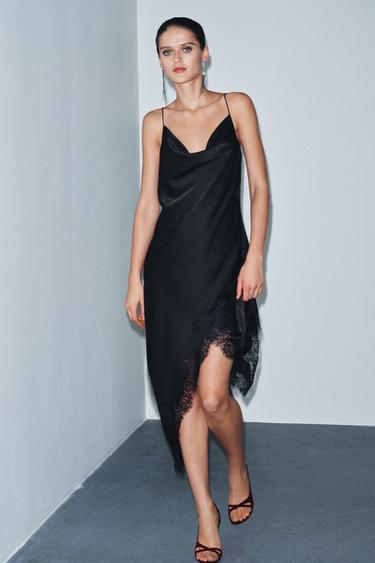 Zara Атласное платье с кружевом — ZW COLLECTION