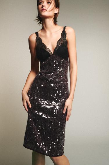 Zara Платье-миди с контрастными пайетками и кружевом