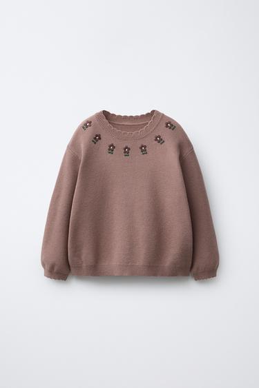 Zara Вязаный свитер с вышитыми цветами
