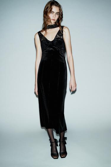 Zara Бархатное платье миди с кружевом купить с доставкой.