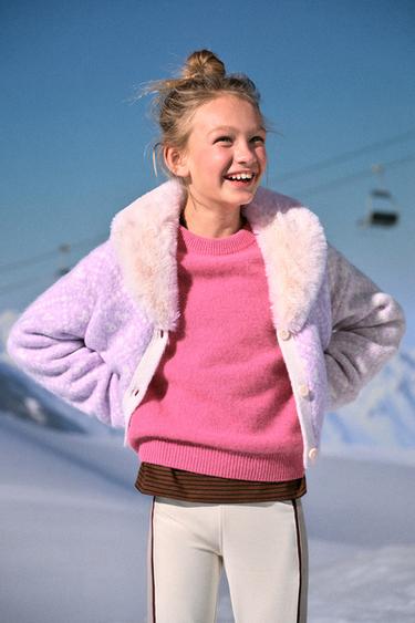 Zara Кардиган с жаккардовым узором и отстёгивающимся воротником из искусственного меха - коллекция лыжной экипировки