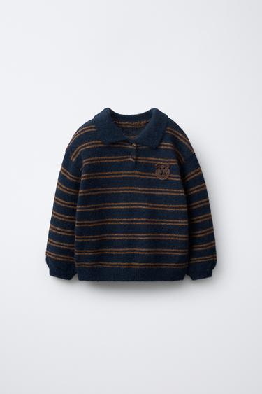 Zara Вязаный джемпер в полоску с медведем кроше