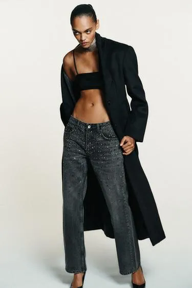 Джинсы ZARA TRF с низкой посадкой и стразами прямого кроя