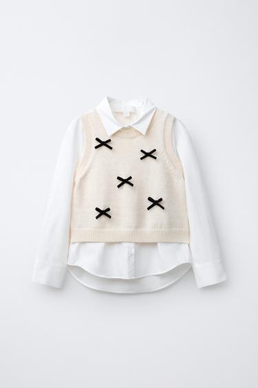 Zara Рубашка из поплина с трикотажным жилетом и бархатными бантами купить с доставкой.