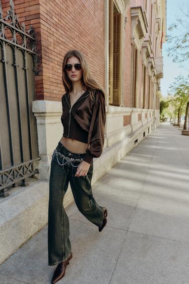 Zara Рубашка с капюшоном из атласа с контрастной отделкой