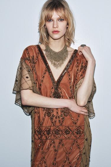 Zara Комбинированное платье из бархата с пайетками и бусинами LIMITED EDITION