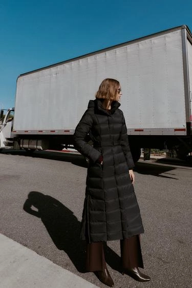 HOODED BELTED WATER-REPELLENT WINDPROOF DOWN PUFFER JACKET- Заказать в России