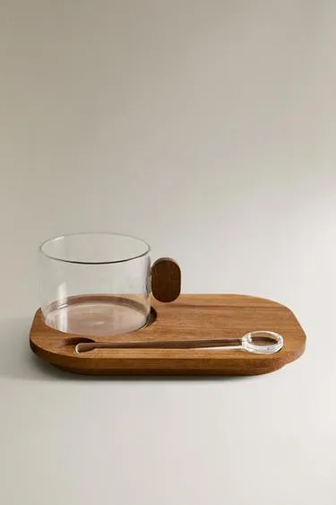 Стеклянная кружка с подносом из боросиликатного стекла