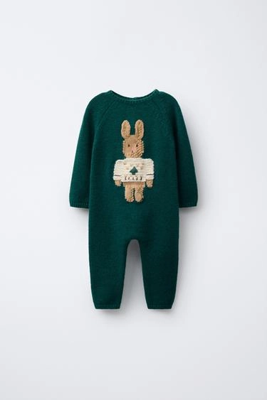 WOOL KNIT JUMPSUIT WITH EMBROIDERED BUNNY- Заказать в России