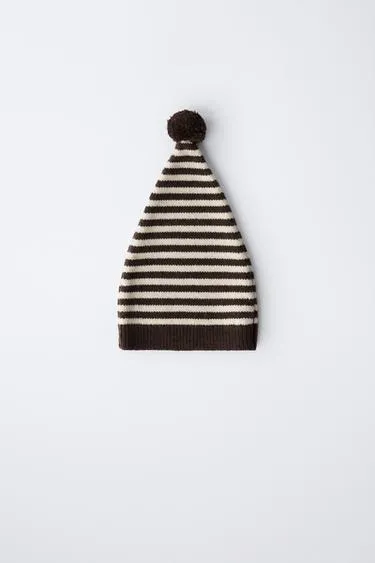 6-12 месяцев/ шапка бини в полоску с помпоном из шерсти- Заказать в России