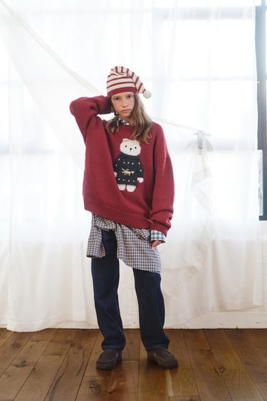 Zara 7-12 лет/ вязаный свитер из шерсти с вышитым медвежонком